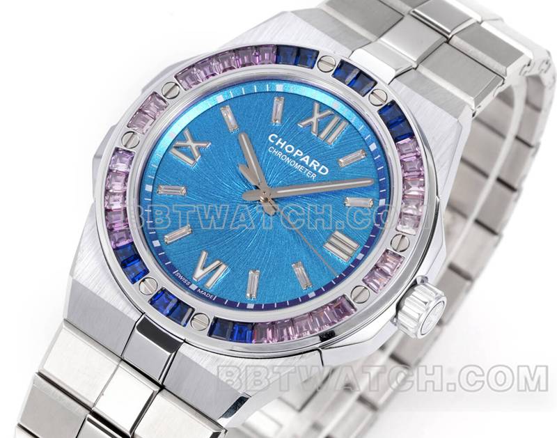 萧邦超级克隆手表GH厂雪山傲翼41mm蓝盘蓝宝石钻圈钢带款正面实拍图