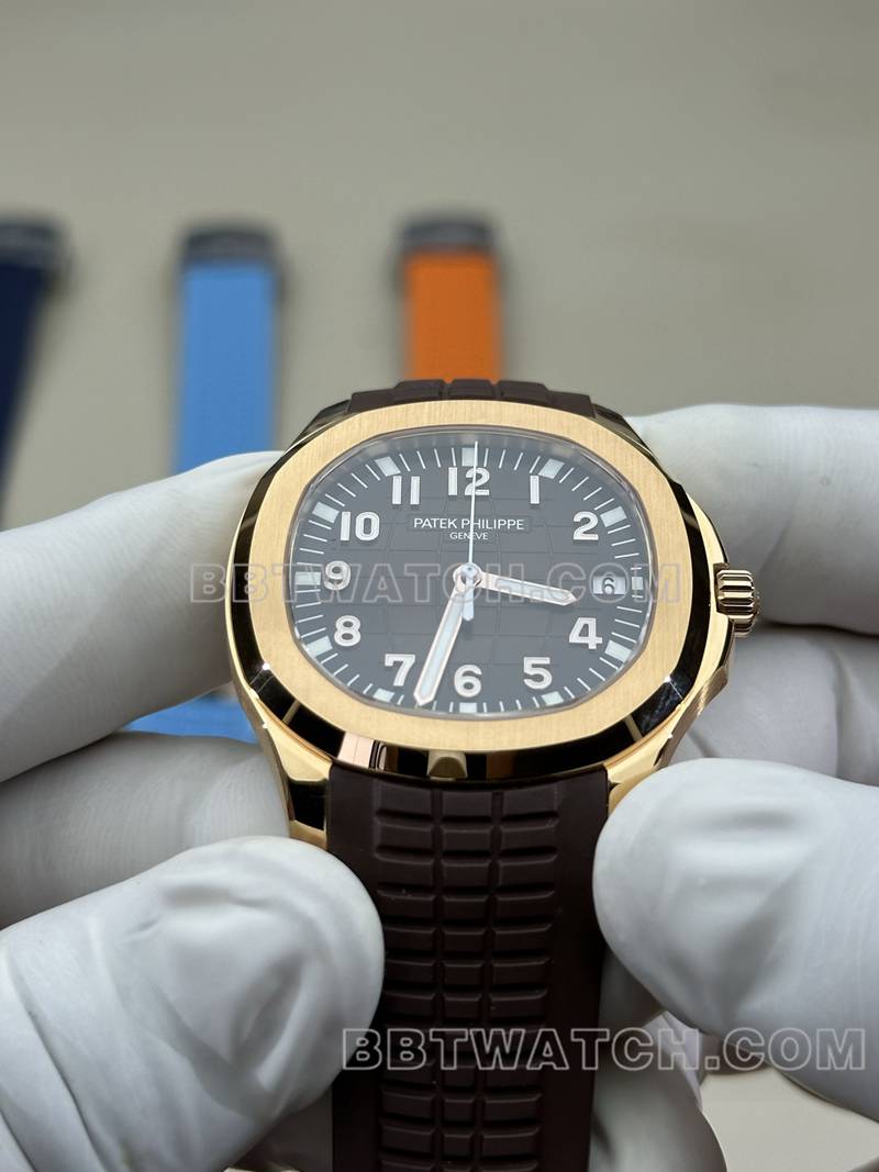 百达翡丽最佳复刻手表BBF厂手雷玫瑰金深棕盘棕色橡胶款5167R正面实拍图