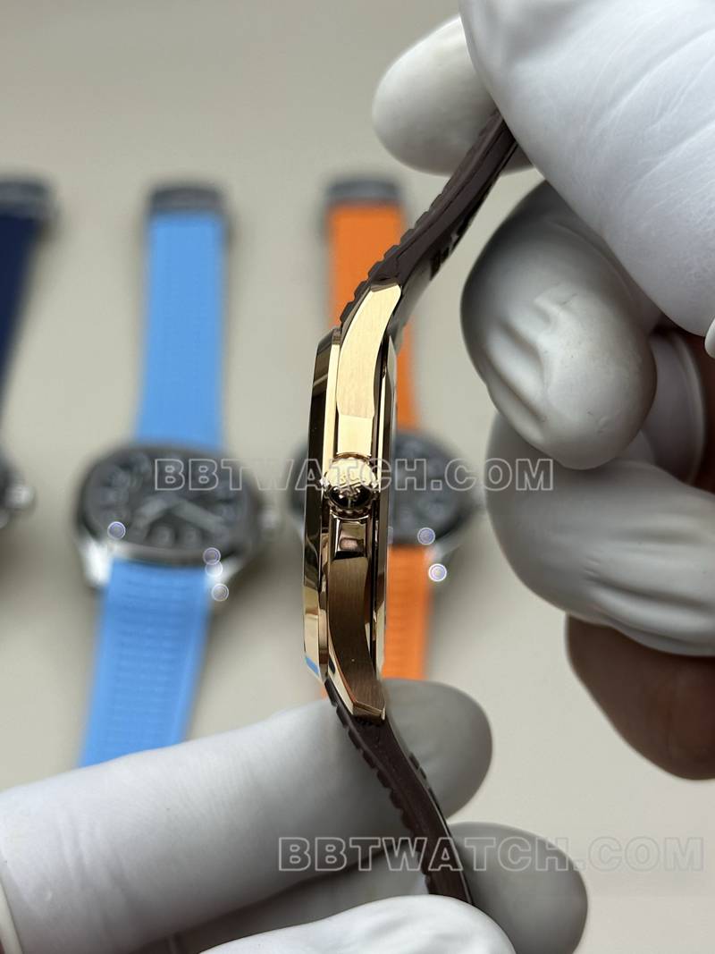 百达翡丽最佳复刻手表BBF厂手雷玫瑰金深棕盘棕色橡胶款5167R侧面实拍图