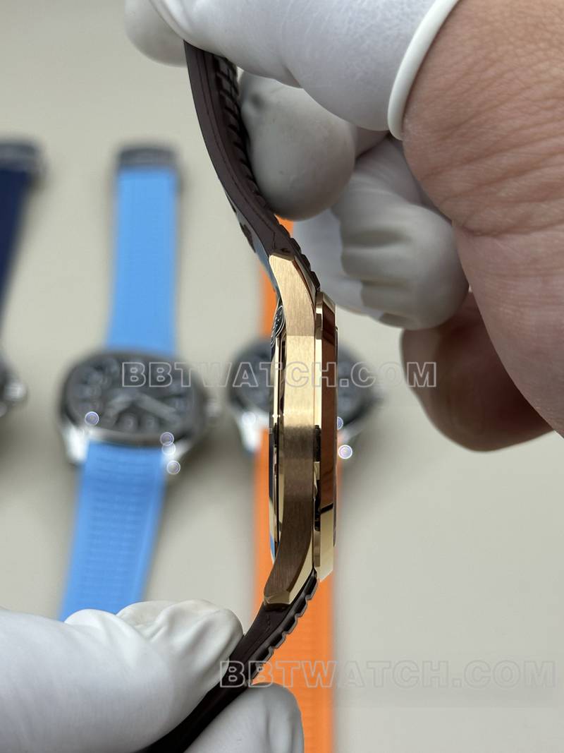 百达翡丽最佳复刻手表BBF厂手雷玫瑰金深棕盘棕色橡胶款5167R侧面实拍图