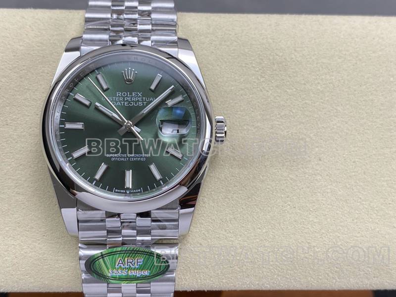 劳力士顶级复刻手表ARF厂日志型绿盘光圈36mm钢带款正面实拍图