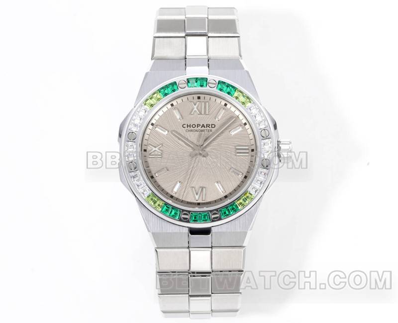 萧邦最佳复刻手表GH厂雪山傲翼41mm灰盘绿蓝宝石钻圈正面实拍图