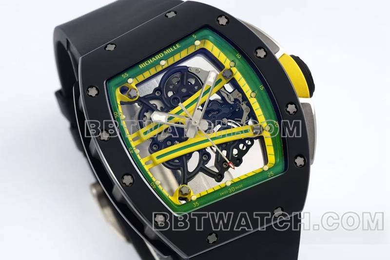 理查德米勒顶级复刻手表R厂镂空盘黑色橡胶款RM061正面实拍图