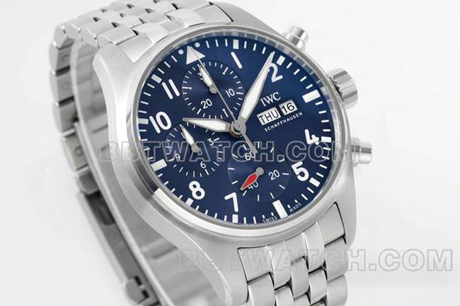 万国顶级复刻手表APS厂飞行员蓝盘计时69385机芯钢带款正面实拍图