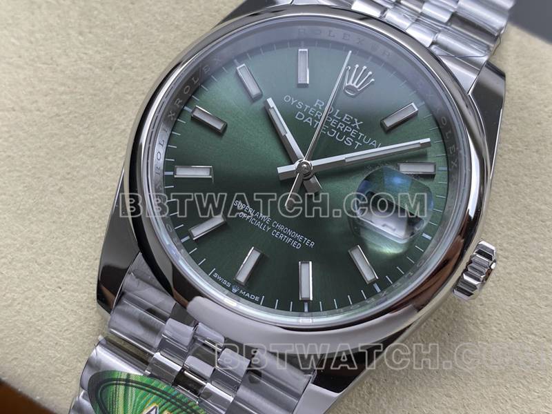 劳力士顶级复刻手表ARF厂日志型绿盘光圈36mm钢带款正面实拍图