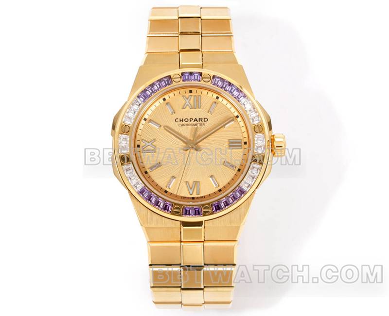 Chopard top replica watches GH factory snow mountain proud wing gold plate purple gem diamond ring gold steel belt models front actual photo