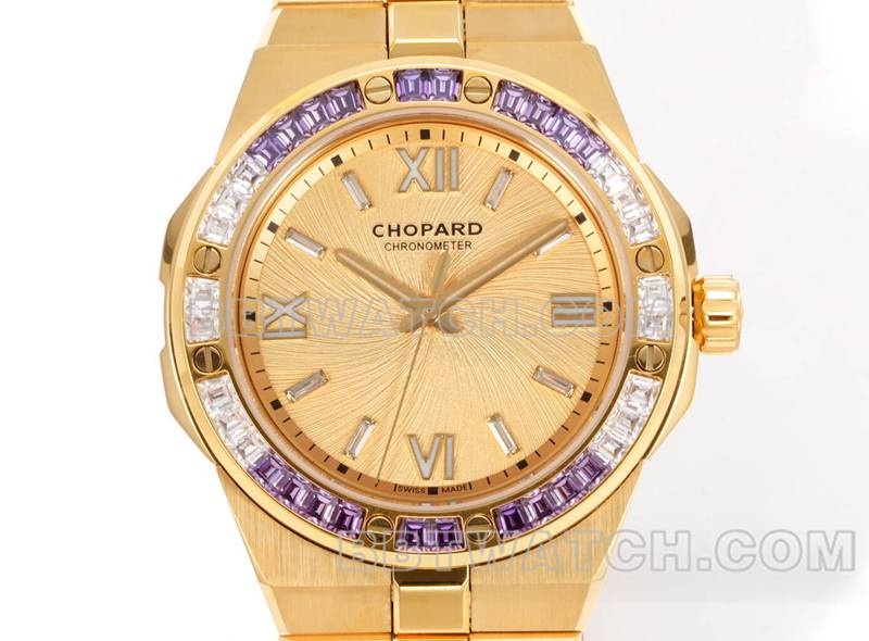 Chopard top replica watches GH factory snow mountain proud wing gold plate purple gem diamond ring gold steel belt models front actual photo