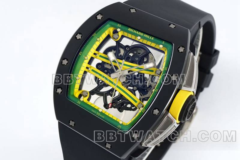 理查德米勒顶级复刻手表R厂镂空盘黑色橡胶款RM061正面实拍图