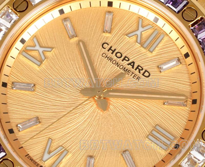 Chopard top replica watches GH factory snow mountain proud wing gold plate purple gem diamond ring gold steel belt models front actual photo