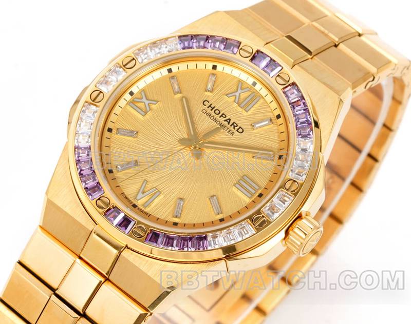 Chopard top replica watches GH factory snow mountain proud wing gold plate purple gem diamond ring gold steel belt models front actual photo