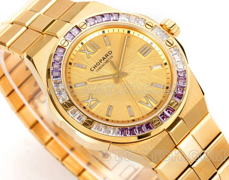 Chopard top replica watches GH factory snow mountain proud wing gold plate purple gem diamond ring gold steel belt models front actual photo