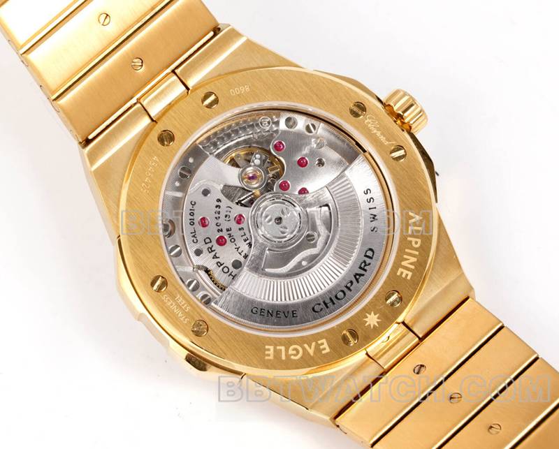 Chopard top replica watches GH factory snow mountain proud wing gold plate purple gem diamond ring gold steel belt models back actual photo