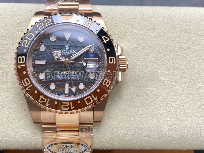 劳力士最优复刻手表ARF厂格林尼治虎眼石GMT玫瑰金钢带款正面实拍图