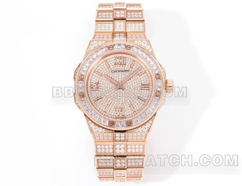 萧邦最优复刻手表GH厂雪山傲翼41mm密镶钻玫瑰金钢带款正面实拍图