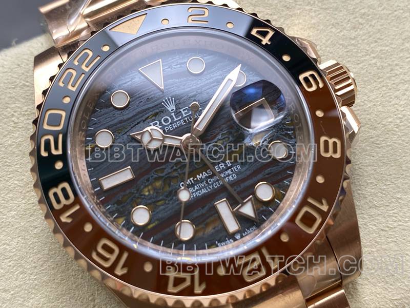 劳力士最优复刻手表ARF厂格林尼治虎眼石GMT玫瑰金钢带款正面实拍图