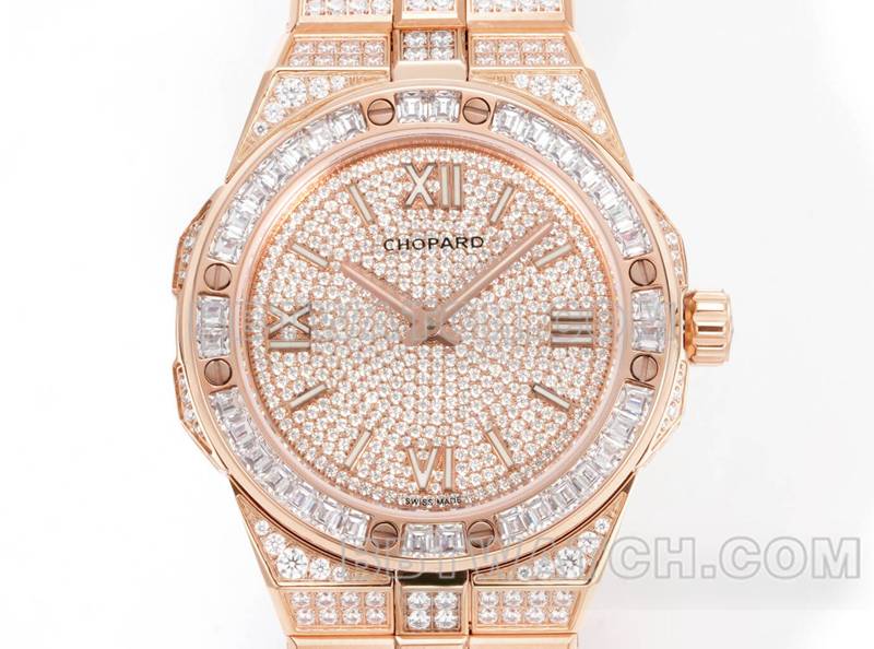 萧邦最优复刻手表GH厂雪山傲翼41mm密镶钻玫瑰金钢带款正面实拍图