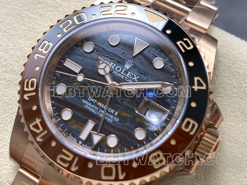 劳力士最优复刻手表ARF厂格林尼治虎眼石GMT玫瑰金钢带款正面实拍图