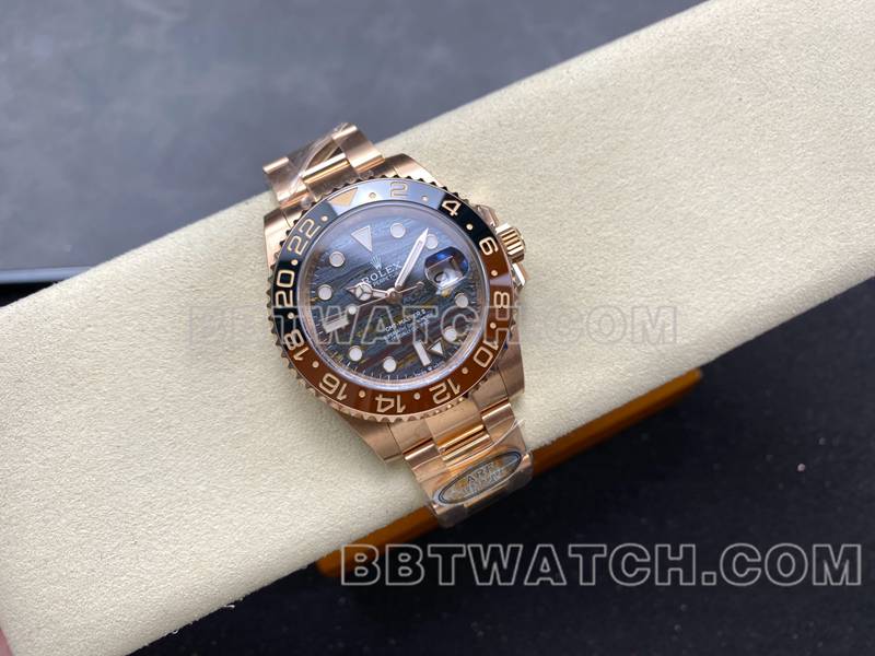 劳力士最优复刻手表ARF厂格林尼治虎眼石GMT玫瑰金钢带款正面实拍图