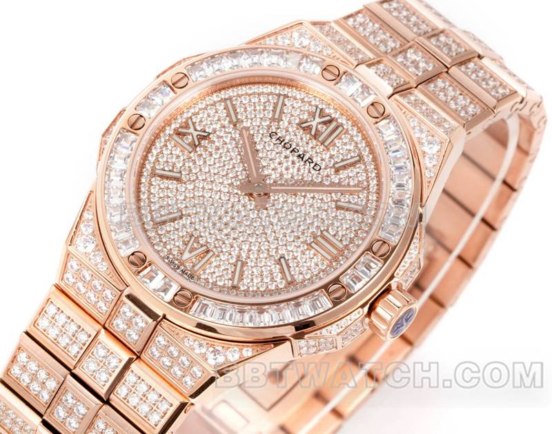 萧邦最优复刻手表GH厂雪山傲翼41mm密镶钻玫瑰金钢带款正面实拍图