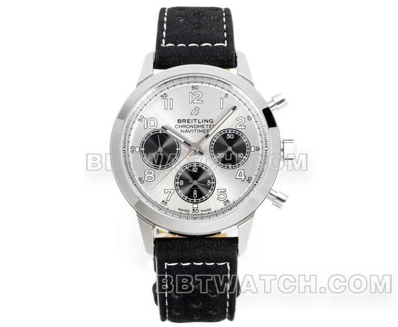 百年灵超级克隆手表BLS厂越洋银盘41mm计时7750机芯皮带款正面实拍图