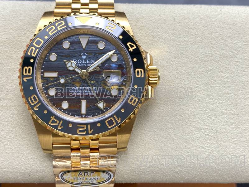 劳力士1:1复刻手表ARF厂格林尼治虎眼石GMT黄金钢带款正面实拍图