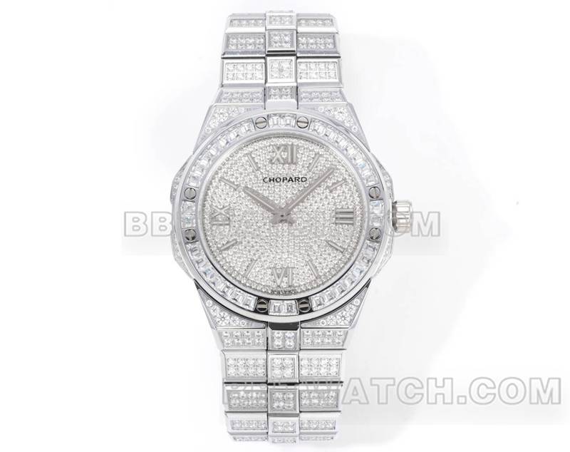 萧邦1:1复刻手表GH厂雪山傲翼41mm密镶钻钢带款正面实拍图