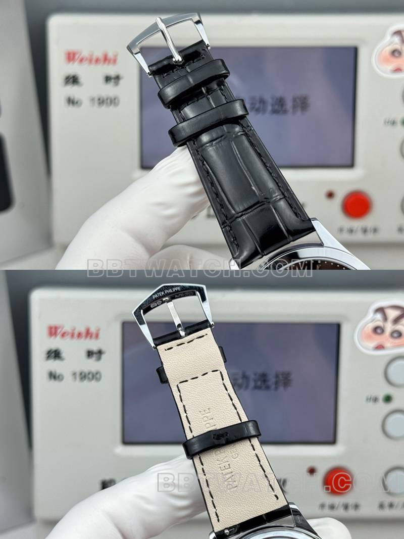 百达翡丽最优复刻手表SDF厂古典黑盘39mm皮带款表带实拍图