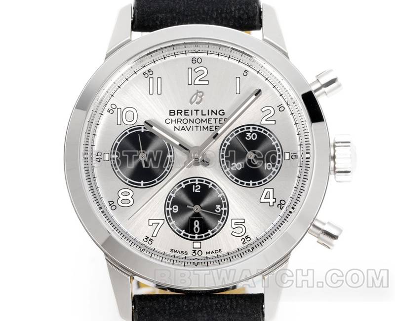 百年灵超级克隆手表BLS厂越洋银盘41mm计时7750机芯皮带款正面实拍图