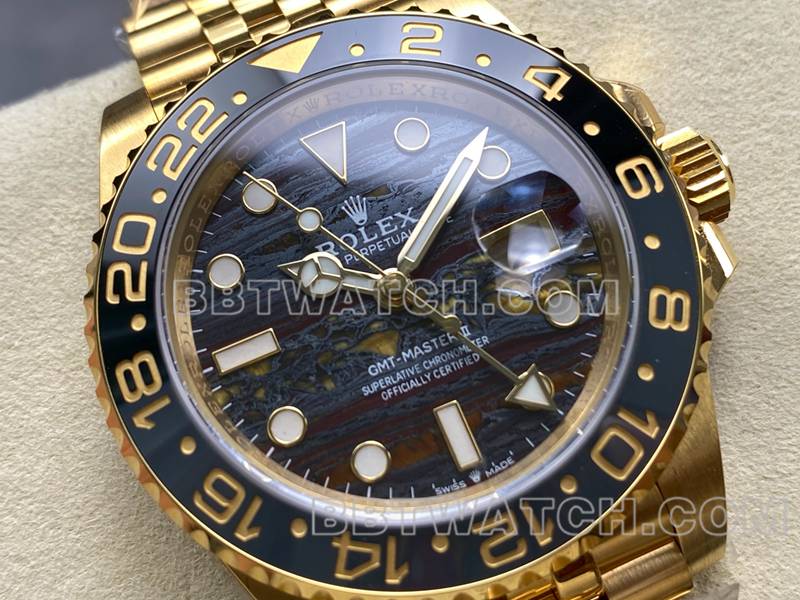 劳力士1:1复刻手表ARF厂格林尼治虎眼石GMT黄金钢带款正面实拍图