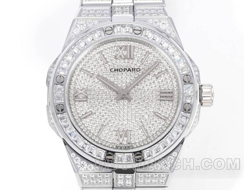 萧邦1:1复刻手表GH厂雪山傲翼41mm密镶钻钢带款正面实拍图