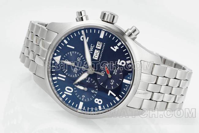 万国顶级复刻手表APS厂飞行员蓝盘计时69385机芯钢带款正面实拍图
