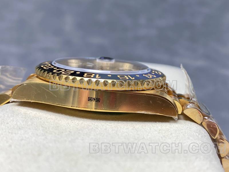 劳力士1:1复刻手表ARF厂格林尼治虎眼石GMT黄金钢带款侧面实拍图