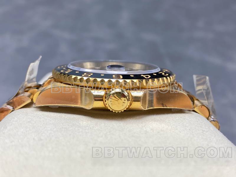 劳力士1:1复刻手表ARF厂格林尼治虎眼石GMT黄金钢带款侧面实拍图