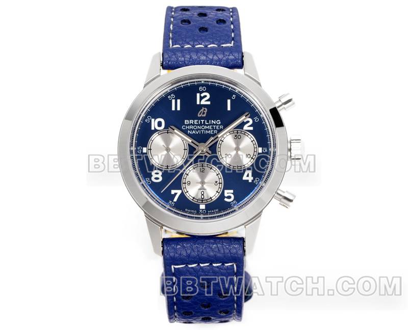 百年灵最佳复刻手表BLS厂越洋蓝盘41mm计时7750机芯皮带款正面实拍图