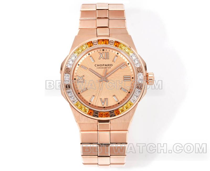 萧邦超级克隆手表GH厂雪山傲翼41mm玫瑰金盘蓝宝石圈钢带款正面实拍图