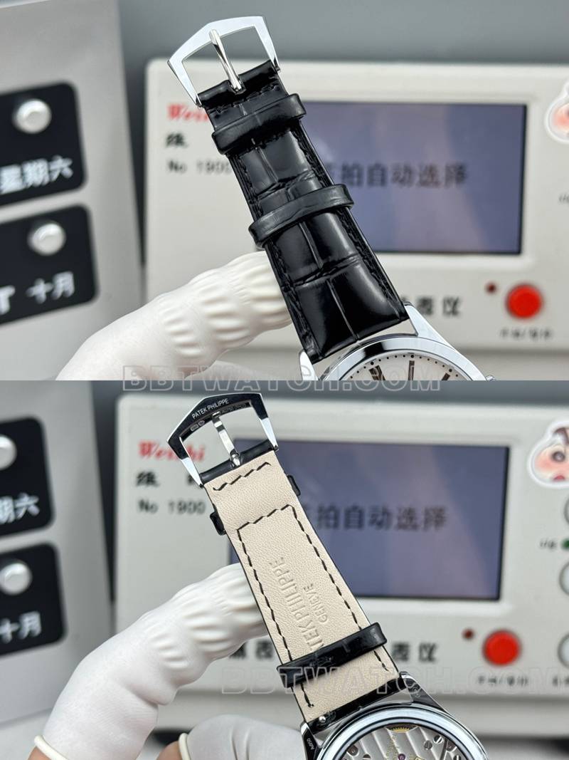 百达翡丽1:1复刻手表SDF厂古典白盘39mm皮带款表带实拍图