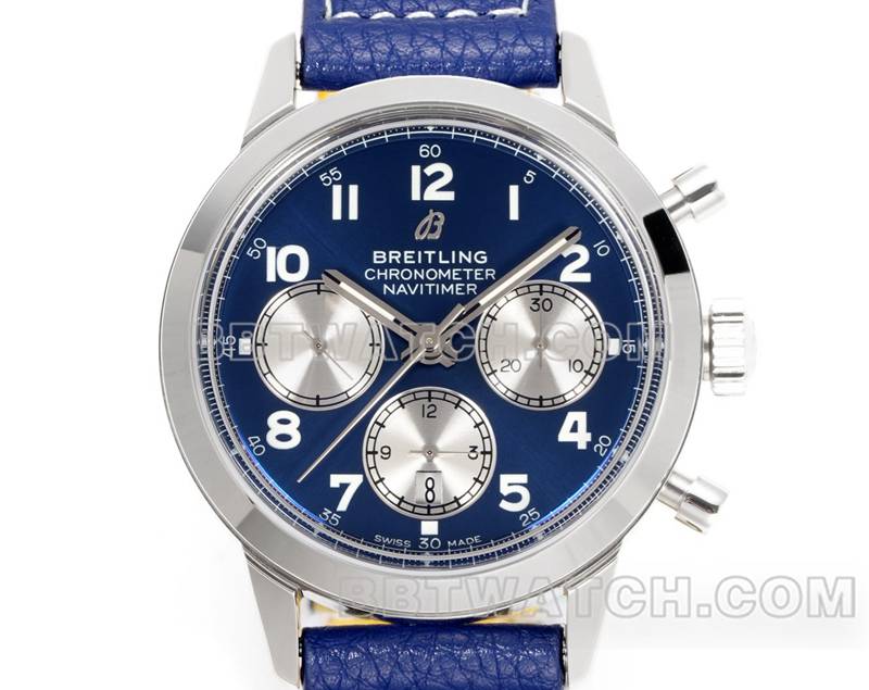 百年灵最佳复刻手表BLS厂越洋蓝盘41mm计时7750机芯皮带款正面实拍图