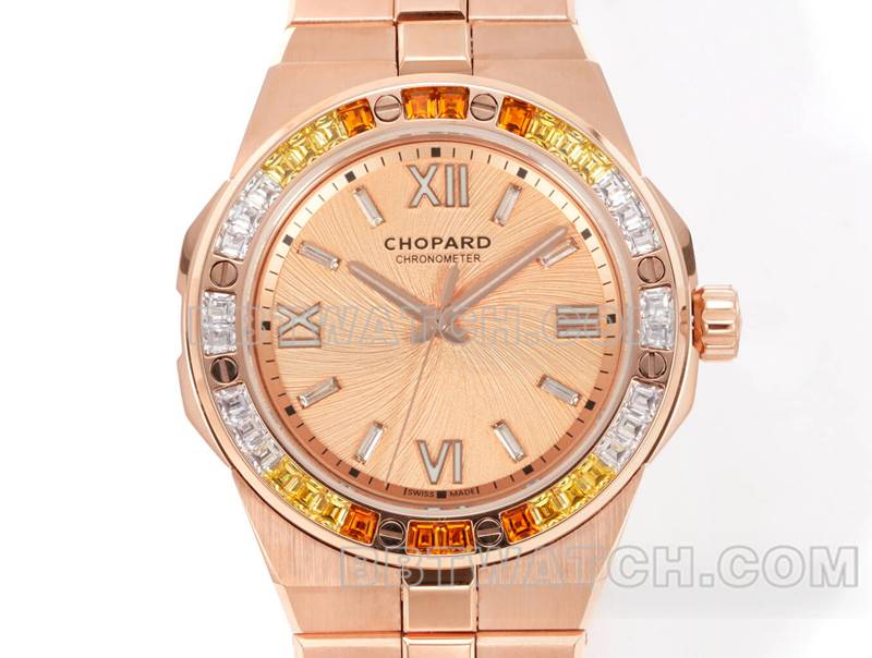 萧邦超级克隆手表GH厂雪山傲翼41mm玫瑰金盘蓝宝石圈钢带款正面实拍图