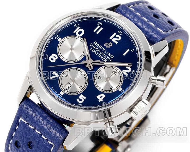 百年灵最佳复刻手表BLS厂越洋蓝盘41mm计时7750机芯皮带款正面实拍图