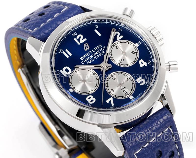 百年灵最佳复刻手表BLS厂越洋蓝盘41mm计时7750机芯皮带款正面实拍图