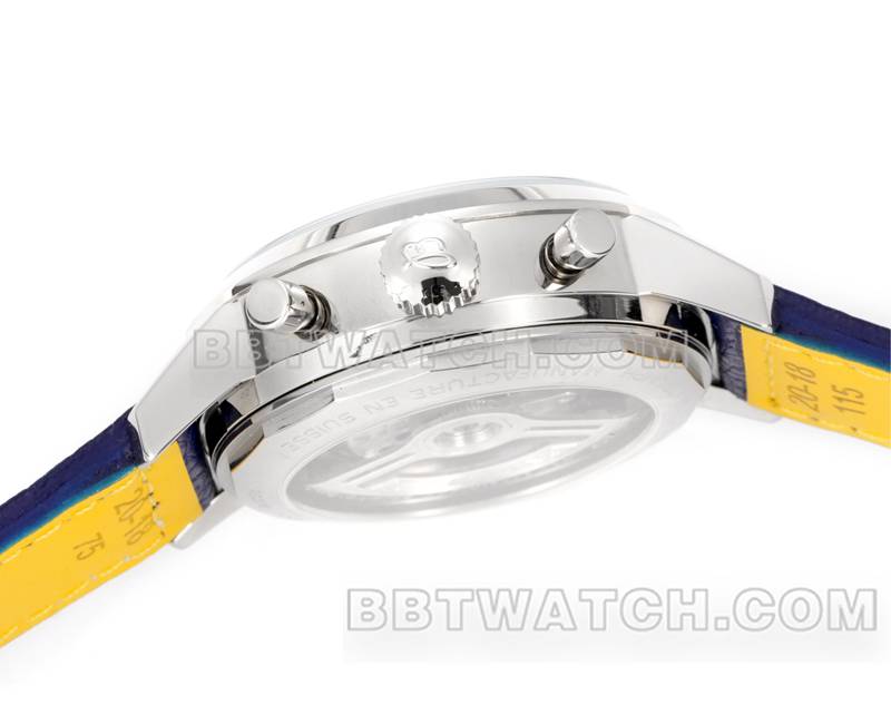 百年灵最佳复刻手表BLS厂越洋蓝盘41mm计时7750机芯皮带款侧面实拍图