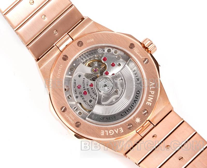 萧邦超级克隆手表GH厂雪山傲翼41mm玫瑰金盘蓝宝石圈钢带款背面实拍图
