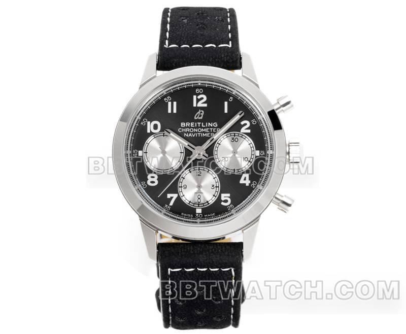 百年灵顶级复刻手表BLS厂越洋黑盘41mm计时7750机芯皮带款正面实拍图