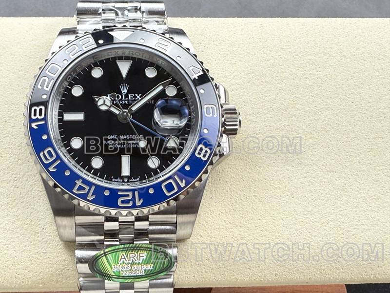 劳力士最佳复刻手表ARF厂格林尼治GMT蓝黑圈3285机芯正面实拍图