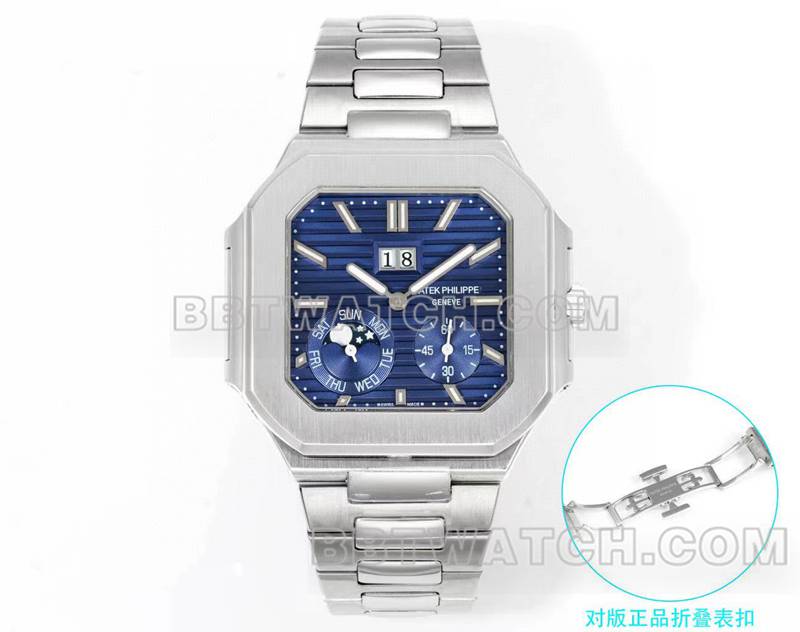 百达翡丽超级克隆手表3k厂45mm蓝盘240ps机芯钢带款5822正面实拍图