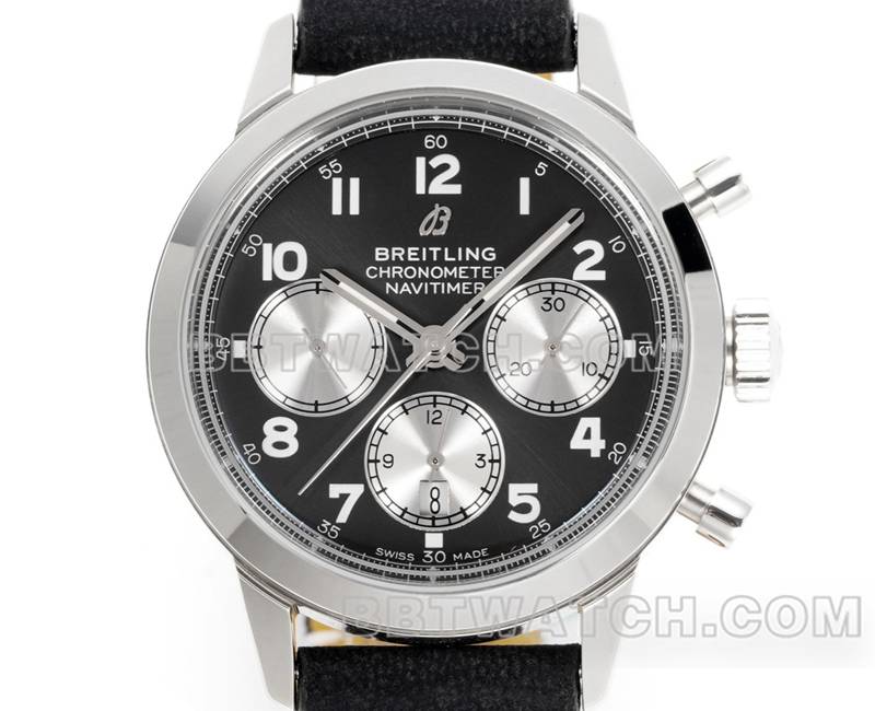 百年灵顶级复刻手表BLS厂越洋黑盘41mm计时7750机芯皮带款正面实拍图