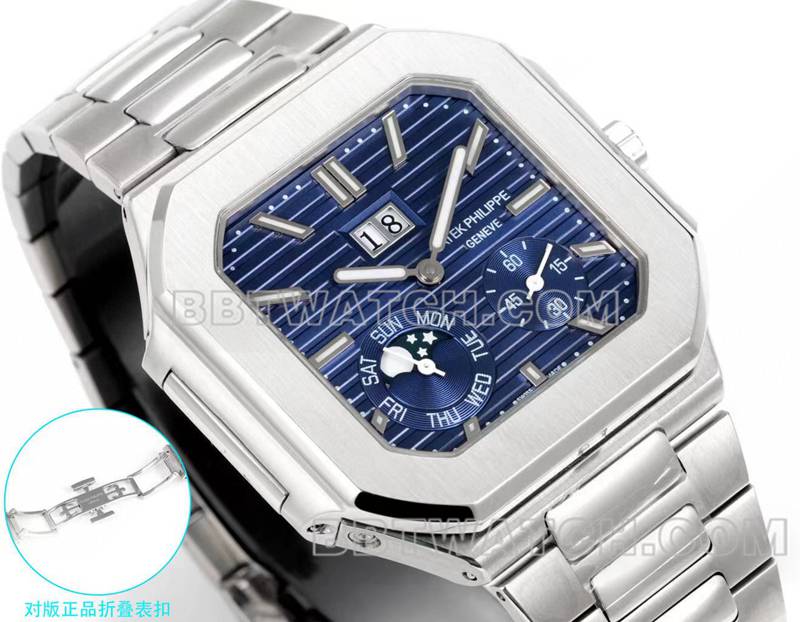 百达翡丽超级克隆手表3k厂45mm蓝盘240ps机芯钢带款5822正面实拍图