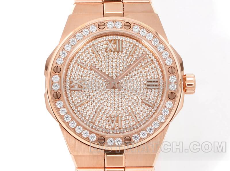 萧邦最佳复刻手表GH厂雪山傲翼41mm镶钻盘钻圈玫瑰金钢带款正面实拍图