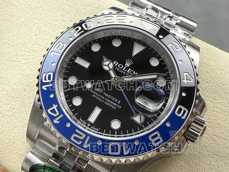 劳力士最佳复刻手表ARF厂格林尼治GMT蓝黑圈3285机芯正面实拍图