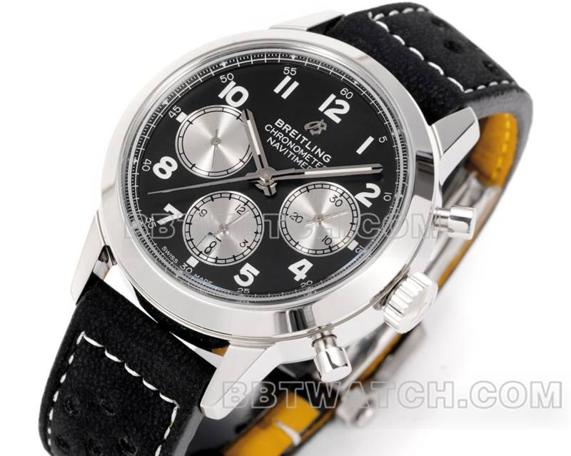 百年灵顶级复刻手表BLS厂越洋黑盘41mm计时7750机芯皮带款正面实拍图